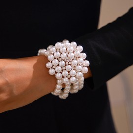 Asphinien Vintage Faux Pearl Choker Necklace 4 Tier Multi-Strand Rhinestone Pearl Bracelet Chunky Elegant Pearl 1920s Women's Jewelry (7 inches)