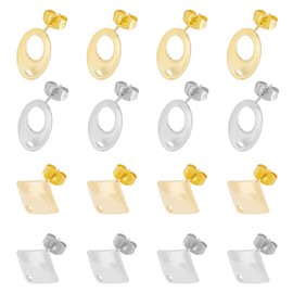 UNICRAFTALE Approx. 40 Pieces 2 Colours Stainless Steel Stud Earrings Findings Oval & Rhombus Stud Earrings with Ear Nuts Golden & Stainless Steel Colour Ring with Loop for DIY Jewellery Making