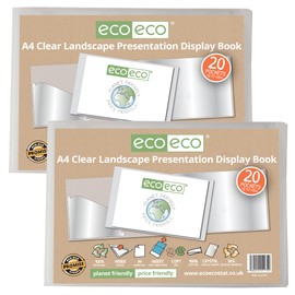 eco-eco A4 50% Recycled 20 Pocket Clear Landscape Presentation Display Book, Storage Case Portfolio Art Folder with Plastic Sleeves, Pack of 2, eco175x2