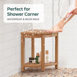 BEKVEM Waterproof Corner Shower Stool for Inside Shower, Poly Lumber Shower Bench Seat Chair, Bath Shower Stool for Shaving Legs Foot Rest with Storage Shelf, Adjustable & Non-Slip Feet, Teak Brown