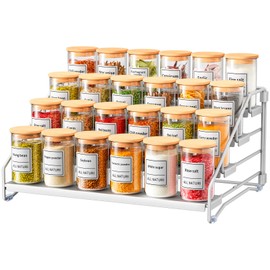 MAYZOLOP 4 Tier Spice Rack, Standing, Spice Rack, No Drilling, Adjustable Silver Grey Spice Rack for Cupboard Organisation, Metal Spice Racks for the Kitchen, Width 34 cm