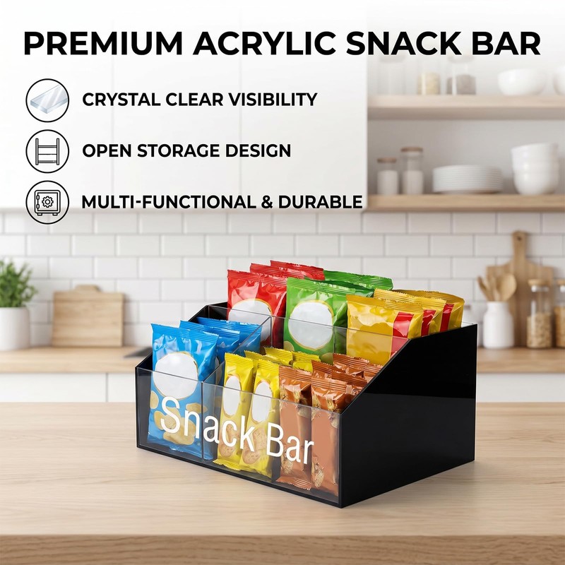 Snack Organizer for Countertop, Black & Clear Acrylic Snack Bar