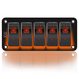 FXC Rocker Switch Aluminum Panel 5 Gang Toggle Switches Dash 5 Pin ON/Off 2 LED Backlit for Boat Car Marine Orange