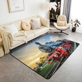 Erosebridal Train Area Rugs for Girls Boys, Retro Vehicles Living Room Rugs for Kids Child, Large Steam Train Non Slip Area Rug, 3D Vintage Truck Car Carpet, Kids Car Theme Area Runner Rug, 3x5