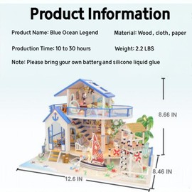 OZJAY DIY Miniature House Kit, Mini House Building Kit with LED & Furniture, DIY Wooden Dollhouse Miniature Kit for Adults Teen, Wooden Crafts Lovely Dollhouse Kit, Blue Ocean Legend