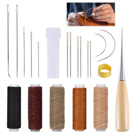 21 Piece Leather Sewing Kit, Leather Thread Waxed Set, Including Leather Sewing Needles, Sewing Awl, Thimble and 5 Rolls of Waxed Leather Thread, Perfect for Carpets, Bags, Shoes and Other Leather