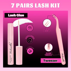 Veleasha Lashes Kit Manga Eyelashes Cat Eye Lashes Spiky Eyelash C Curl with Lash Glue & Tweezers Lash Wispy Natural Look False Eyelashes with Soft Cotton Band 7 Pairs Pack (Sunny Kit)