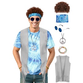 Hippie Costume for Men 60s 70s Outfits Accessories Tie Dye Shirt Set Fringe Carnival Vest Wig Tie Dye Headband for Party (Blue 7Pcs set, S)