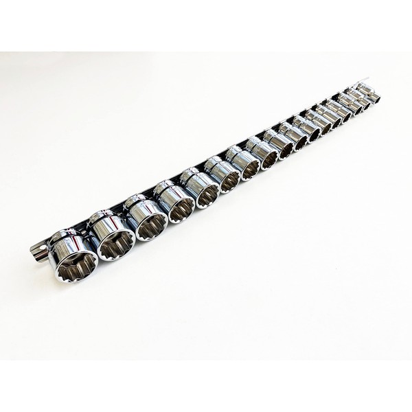 17 Pc 3/8" 12 Sided Shallow CRV Sockets on Rail