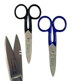 2 Count - 5.25" Electrician Scissors with Colored Handle, Black & Blue, for Cutting and Stripping Electrical Wires - German Stainless Steel