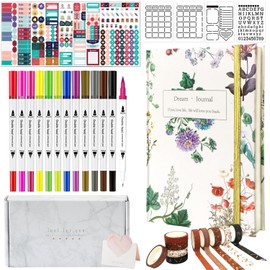 Y&I Bullet Dotted Journal Kit, A5 Hardcover Dotted Journal Notebook with 200 Pages, 12 Dual Tip Marker Pens, Stencils Stickers Washi Tapes, Dotted Journaling Kit for Planner Schedule (Fresh Botanical)