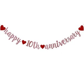 Happy 10th Anniversary Banner, Pre-Strung,Rose Gold Glitter Paper Garlands for 10th Wedding Anniversary Party Decorations Supplies, No Assembly Required,(Rose Gold) SUNbetterland