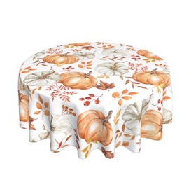 AEIOAE Fall Tablecloth 70 Inch Round Watercolor Burnt Orange Grey Pumpkin Leaves Table Cloth,Autumn Leaf Thanksgiving Stain Resistance Polyester Indoor Outdoor Table Covers for Kitchen Dining Party