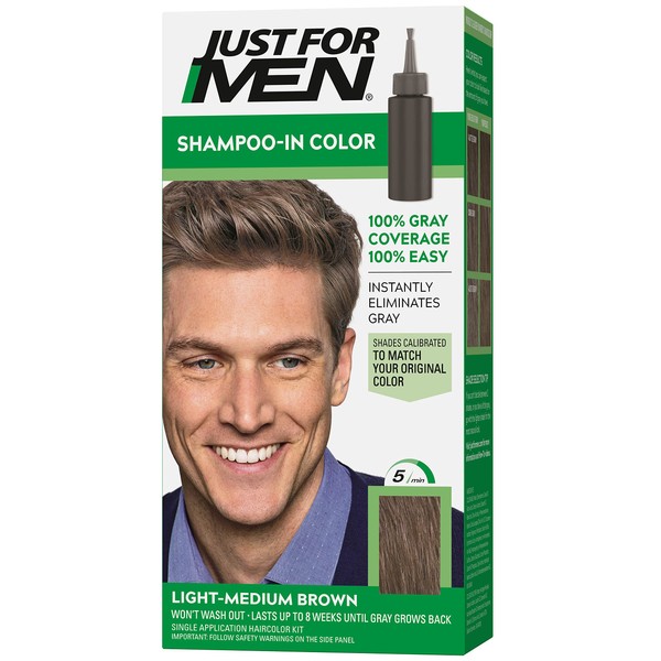 Just For Men Shampoo-In Color, Mens Hair Dye with Vitamin E for Stronger Hair - Light-Medium Brown, H-30, 1 Pack (Formerly Original Formula)