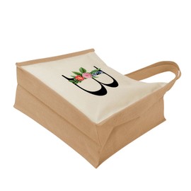 Monogram Initial Canvas Jute Tote Bags for Women - Cotton Shoulder Bags, Reusable Bags for Shopping, Gift bags, Book Bag, Travel Bag, Shopper Bags - Floral Letter B - Natural - L