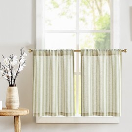 jinchan Striped Linen Kitchen Tier Curtain Farmhouse Cafe 30 Inch Small Window Balanced Stripe Half Window Curtains for Living Room Bathroom Laundry 2 Panels Green on Linen