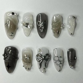 24Pcs Black Press on Nails Medium Almond Fake Nails with 3D Pearl Bow Designs Silver Star Acrylic Nails Full Cover Black Gradient False Nails Water Drops Glossy Stick on Nails for Women Nail Art