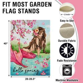 Artofy Hello Spring Lake Mermaid Large Decorative House Flag, Pink Floral Flower Lakehouse Yard Garden Outside Decor, Seasonal Burlap Outdoor Home Decoration Double Sided 28 x 40