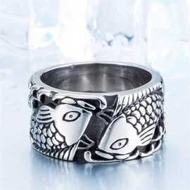 PAMTIER Men's Stainless Steel Vintage Japanese Style Koi Carp Lucky Biker Ring (Style B, 7)