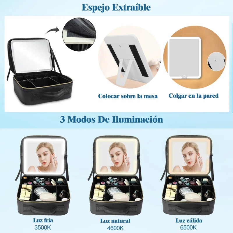 Estuche De Maquillaje Multifuncion Con Espejo Luz Maquillaje Color Negro