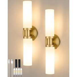 Battery Operated Wall Sconce Set of Two, Modern Rechargeable Wall Lights, Dimmable Battery Cordless Sconces with 4 Bulbs for Living Room, Bedside, Bathroom, Brushed Gold with White Lampshades 2 Pack