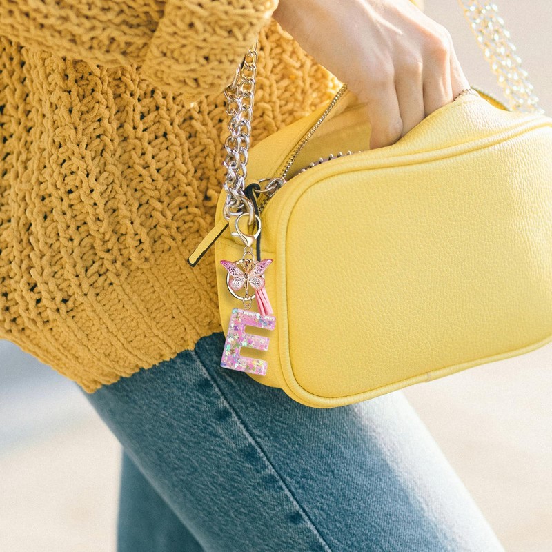 Fmeida Initial Letter Keyring for Women Cute Pink Tassel &