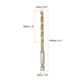 sourcing map 4pcs 1/4" Hex Shank Drill Bits 5mm Titanium Drill Bits Set M35 High Speed Steel Twist Drill Bit 105mm Long Fully Ground for Wood, Stainless Steel, Metal, Plastic Plastic