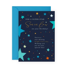 In Law's Birthday Card - 'Superstar Son In Law' - Gifts for Son, Family, Men, Guys, Him, Daughter's Husband - Stars - Comes with Fun Stickers