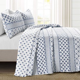 Lush Decor Monique Stripe 3 Piece Quilt Set, Full/Queen, Navy
