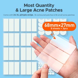 TKTK Large Pimple Patches for Face, 68 x 27 mm XL Hydrocolloid Bandages, Big Acne Patches for Body, Forehead, Chin, Nose, Chest and Back Blemish Zit Breakouts (Strip, Contoured, Dot 5 Sizes 136 Count)