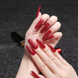 Allereya Super Long Coffin False Nails Ballerina Red Press On Nails Prom Party Clip On Nails Super Long Full Surface Acrylic Nails Art for Women and Girls 24 Pieces (Red)