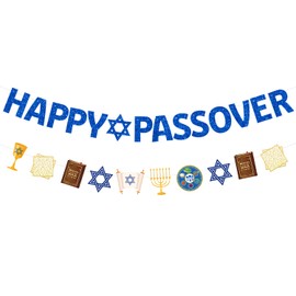 JKQ Blue Glitter Happy Passover Banner and Passover Patterns Banner Jewish Holiday Pesach Garland Banner Matzoh Star of David Passover Seder Party Fireplace Mantle Decorations Supplies