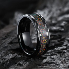 King Will Mens 8mm Black Hammered Tungsten Carbide Wedding Ring Brown Opal Inlay Tungsten Ring wedding Band 7.5