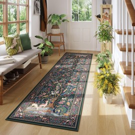 Rugcomf Runner Rug Vibrant Tree of Life-Patterned Vintage Kitchen Rugs Non Slip Washable Soft Carpet Runner for Laundry Bedroom Bathroom, Green