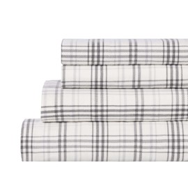 Superior Plaid Flannel Cotton Sheet Set, Fuzzy Warm Sheets, Rustic Farmhouse Bedding, Basics, Includes; 1 Flat Sheet, 1 Elastic Deep Pocket Fitted Sheet, 2 Pillowcases, King, Charcoal