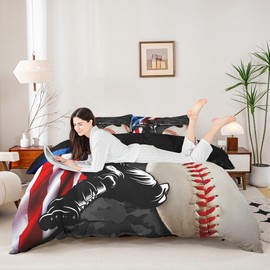 Baseball Duvet Cover Queen Size for Kids Teens Boys Home Room Decor,American Flag Camo Bedding Set 3pcs,Ball Sports Gaming Comforter Cover Black Athlete Silhouette Quilt Cover,2 Pillowcases