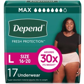 Depend Fresh Protection Adult Diapers, Incontinence & Postpartum Bladder Leak Underwear for Women, Disposable, Maximum, Large, Blush, 17 Count, Packaging May Vary
