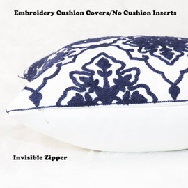 SLOW COW Cotton Embroidery Decorative Cushion Covers Navy Blue Bohemian Flower Throw Pillow Covers 18 x18 inches, Pack of 2