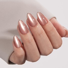 VSALON VSALON Press on Nails Short Almond - Pink Cat Eye Glitter Metallic Tip Fake Nails Kit for Woman, Reusable Opaque Gel Chrome Glue on Nails with Glue & Cuticle Oil - 32 PCS Stick on Nails in 16 Sizes