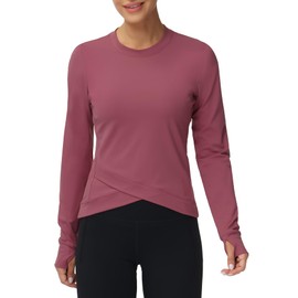 Women's Long Sleeve Compression Shirts Workout Tops Cross Hem Athletic Running Yoga T-Shirts with Thumb Hole Rose Red
