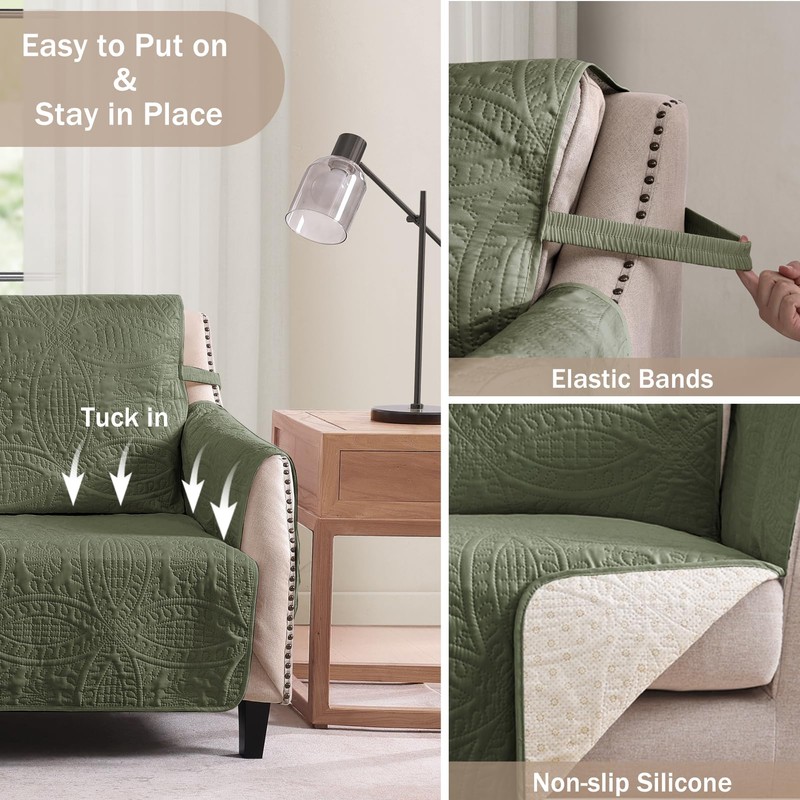 Quilted Olive Green Sofa Slipcovers with Pockets, Anti-Slip Medallion Couch
