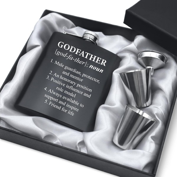 7oz Engraved Hip Flask Set for Godfather - "Will You