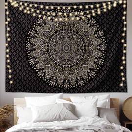 Edeesky Black Golden Mandala Tapestry Wall Hanging Psychedelic Medallion Wall Tapestry Aesthetic Indian Hippie Wall Decor Bohemian Wall Art Boho Home Decoration Blanket for Bedroom,Living Room,Dorm