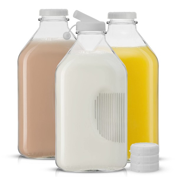 JoyJolt Glass Milk Bottle with Lid AND Pourer Multi-Pack. 64 Oz Reusable Glass Bottles with 6 Lids! Milk Jug Pitcher, Buttermilk, Water or Juice Bottles with Caps, Syrup, Honey or Sauce Container