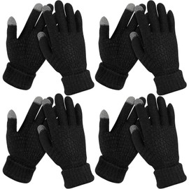 4 Pairs Kids Winter Touchscreen Gloves Warm Fleece Lined Child Knit Gloves Elastic Cuff Winter Texting Gloves for Girls Boys(Black)