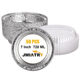 JMIATRY 50 Pack 7 Inch Round Foil Trays with Lids, 720ML Disposable Foil Food Containers with Transparent Lids, Aluminum Round Foil Trays for Party, Baking, Takeaway and Food Storage