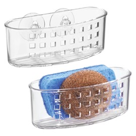 iDesign Plastic Suction Sponge Holder for Kitchen Sink, Holds Sponges and Scrubbers, Set of 2, Clear