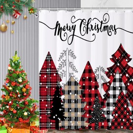 REZAYMRS Merry Christmas Red Tree Shower Curtain with 12 Hooks, 72''x72'' Waterproof Polyester Fabric Machine Washable, Quick Dry, Weighted Hem Shower Curtains for Bathroom Wall Christmas Party Decor