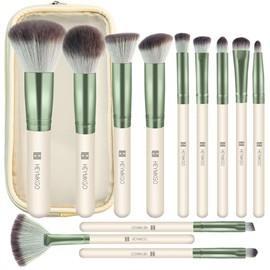 HEYMKGO - Set de 12 Brochas de Maquillaje Profesionales Premium Sintéticas para Base, Polvos, Rubor, Corrector, Difuminado, Sombra de Ojos, Labios, Cejas, con Estuche de Viaje