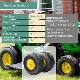 GarveeLife 20x8.00-8 Lawn Mower Tire with Wheel Assemblies, 4 Ply, 3.5" Offset Hub, 3/4" Borehole with 3/16" Keyway, 965 Lbs Capacity, Set of 2 for Riding Lawn Mowers